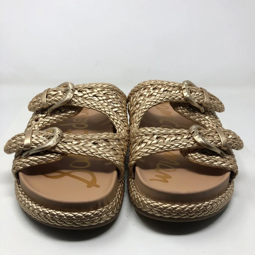 Sam Edelman Reid Slide Sandals Womens 9 Gold Braided Double Buckle Platform